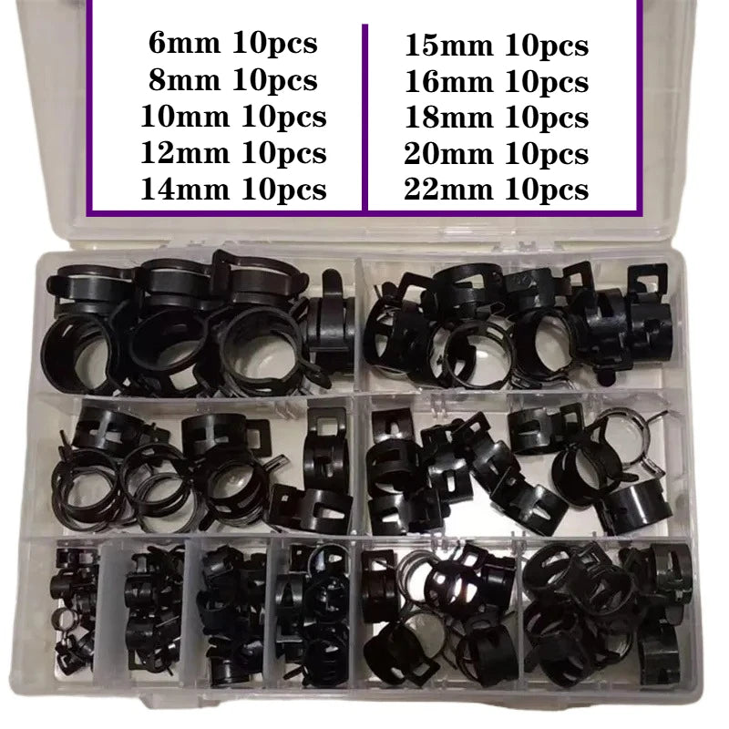100-Piece Black Metal Hose Clamp Set 6mm-22mm for Fuel, Oil, Water and Vacuum Lines