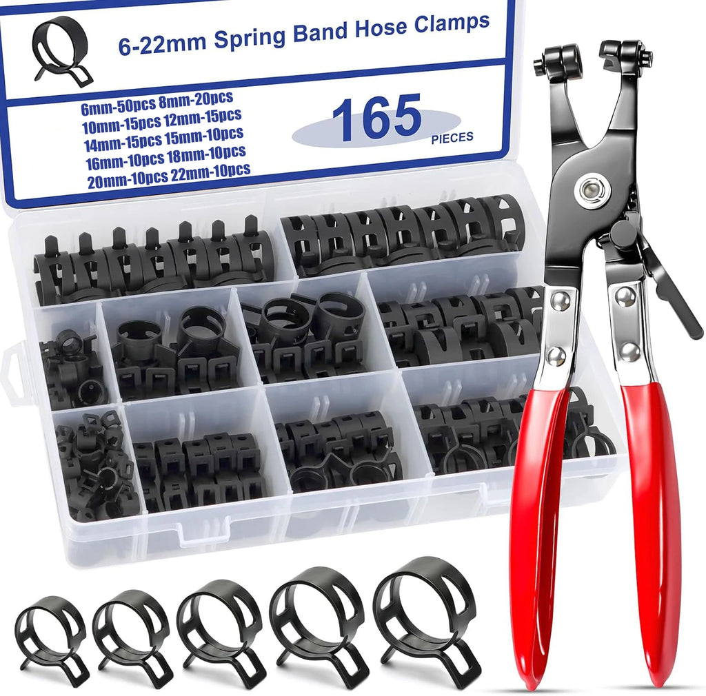 165-Piece Black Vacuum Spring Hose Clamp Kit (6-22mm) with Pliers