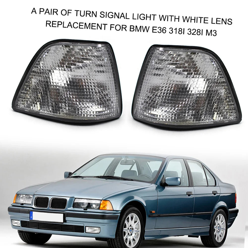 Pair of White Lens Turn Signal Lights Replacement for BMW E36 318i, 328i, M3