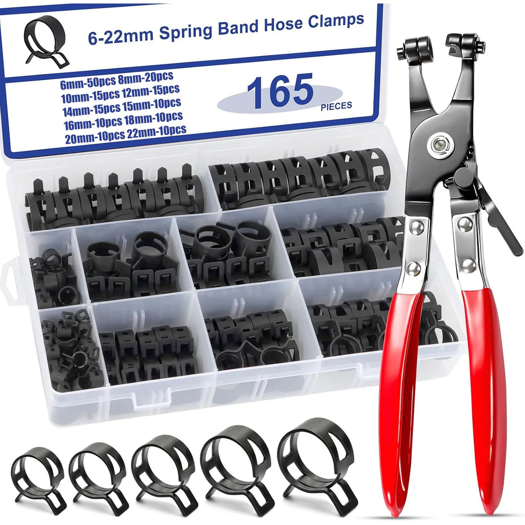 165-Piece Black Vacuum Spring Hose Clamp Kit (6-22mm) with Pliers