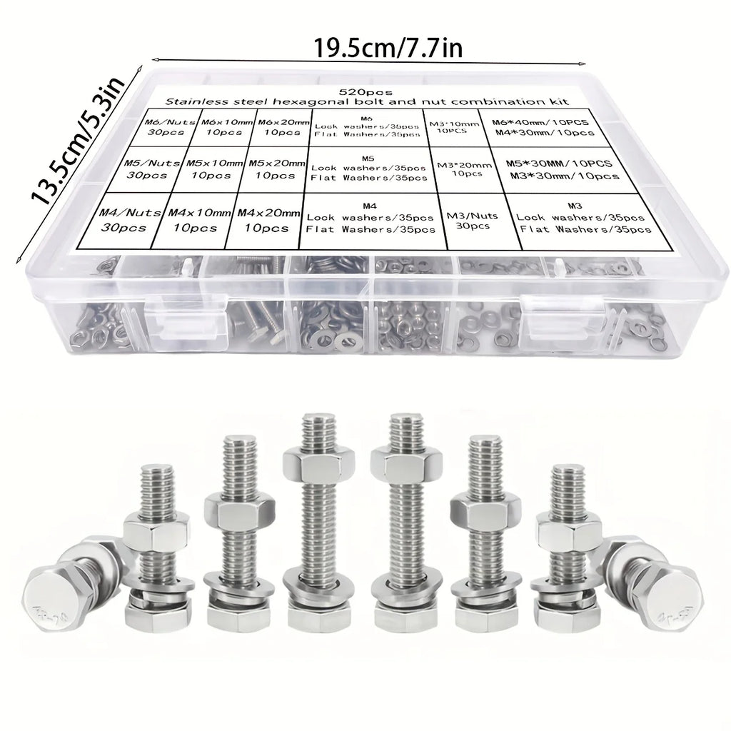 520-Piece Set M3M4M5M6 Stainless Steel Bolts Kit
