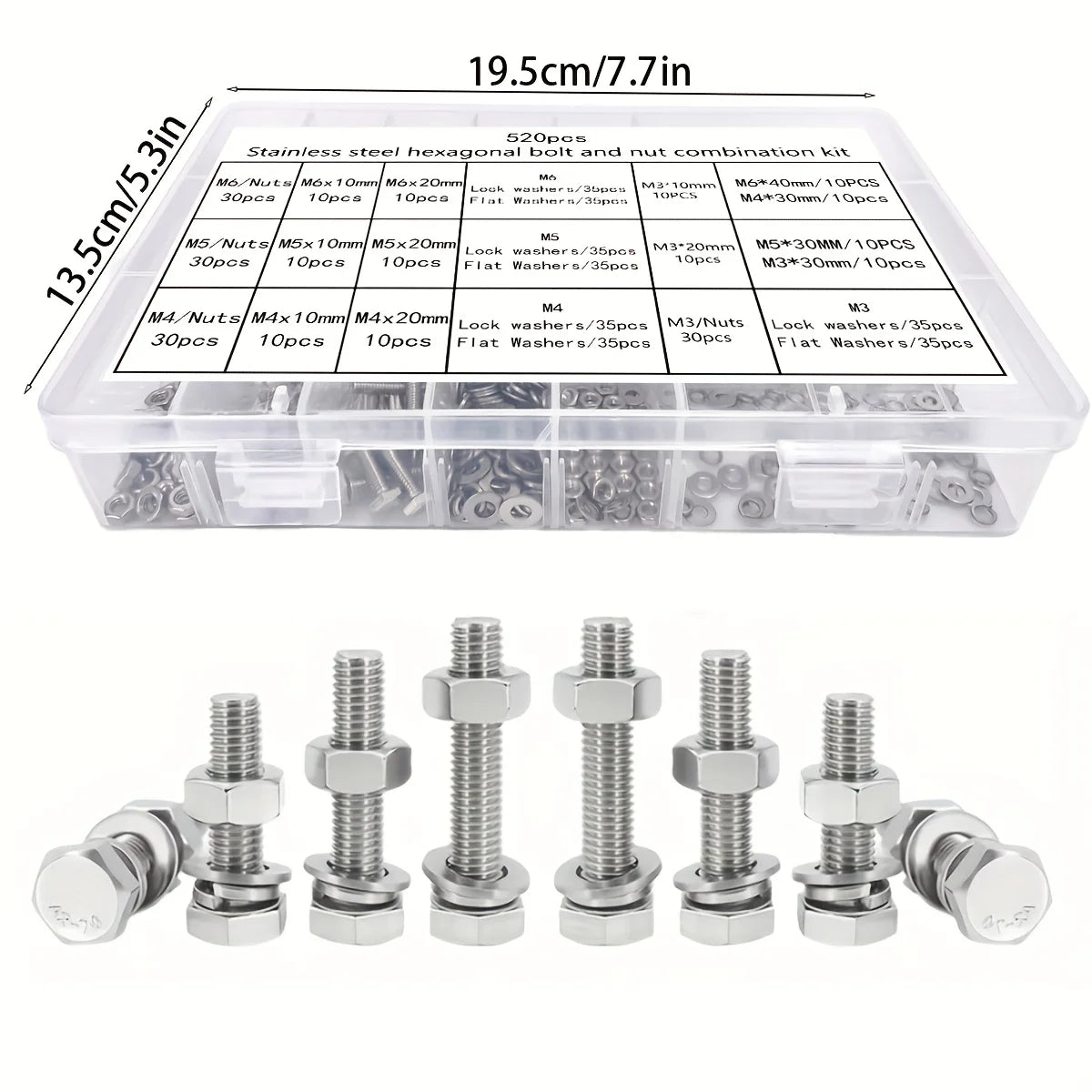 520-Piece Set M3M4M5M6 Stainless Steel Bolts Kit