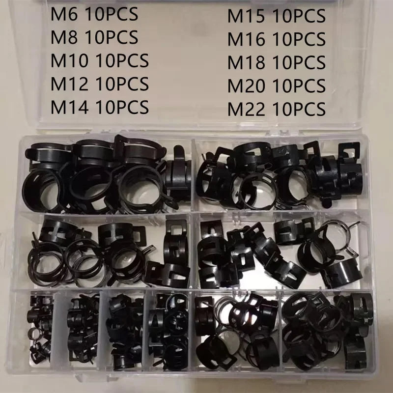 100-Piece Black Metal Hose Clamp Set 6mm-22mm for Fuel, Oil, Water and Vacuum Lines