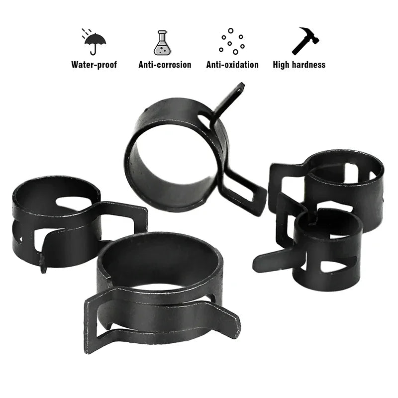 100-Piece Black Metal Hose Clamp Set 6mm-22mm for Fuel, Oil, Water and Vacuum Lines