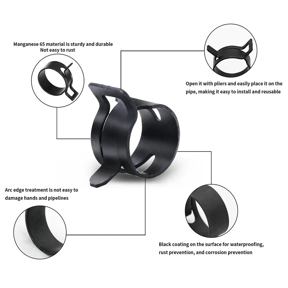 100-Piece Black Metal Hose Clamp Set 6mm-22mm for Fuel, Oil, Water and Vacuum Lines